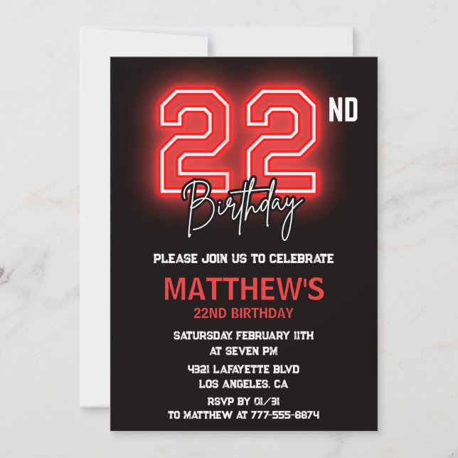 Invitation d'anniversaire 22 ans Neon Black pour h (Devant)