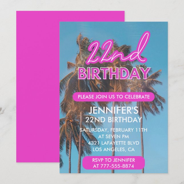 Invitation d'anniversaire 22 ans Palmier rose d'ét (Devant / Derrière)