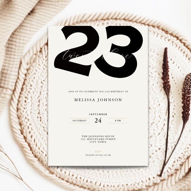 Invitation d'anniversaire 23 ans minimale - Typo g (Minimal 23rd birthday invitation with bold typography)