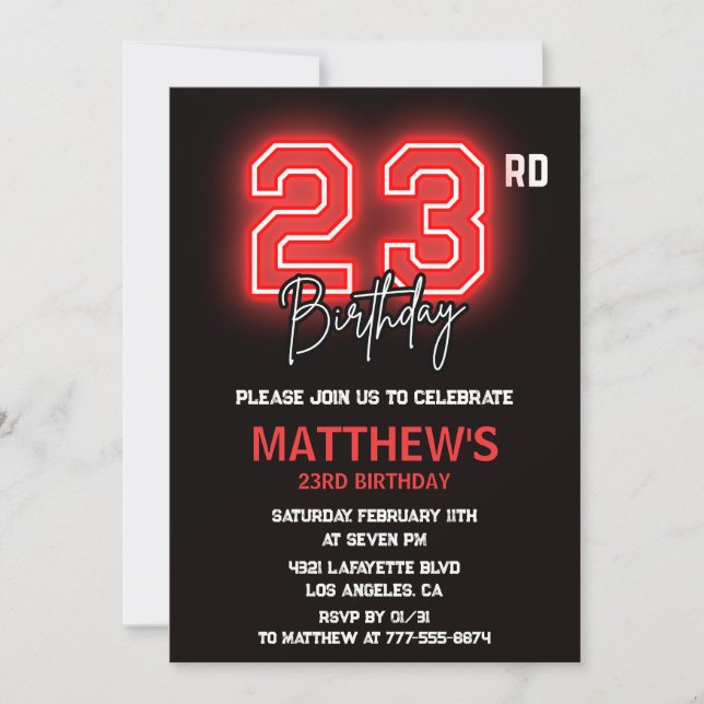 Invitation d'anniversaire 23 ans Neon Black pour h (Devant)