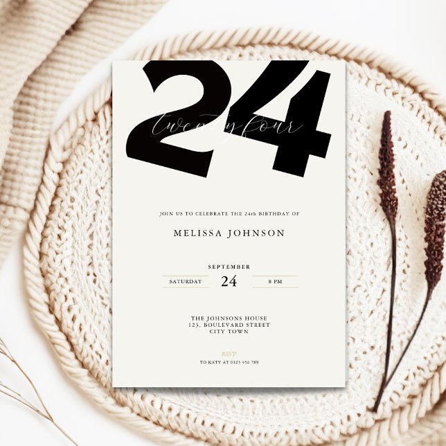 Invitation d'anniversaire 24 ans minimale - Typo g (Minimal 24th birthday invitation with bold typography)