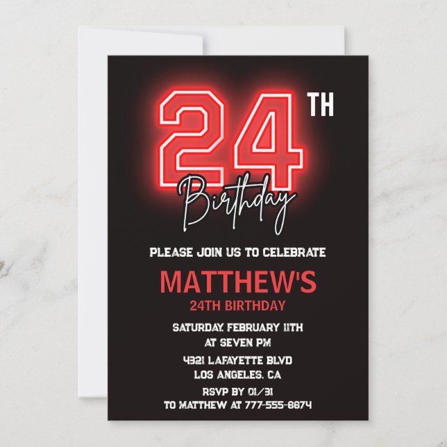 Invitation d'anniversaire 24 ans Neon Black pour h (Devant)