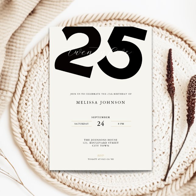 Invitation d'anniversaire 25 ans minimale - Typo g (Minimal 25th birthday invitation with bold typography)
