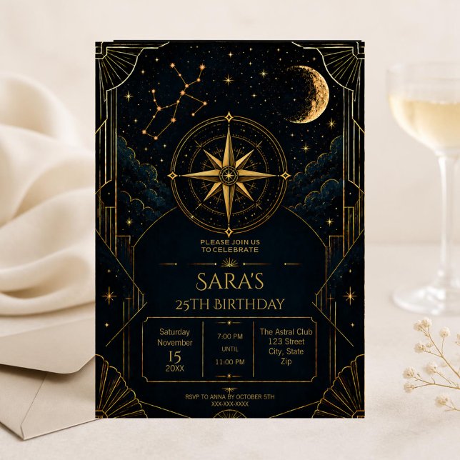 Invitation d'anniversaire 25 ans Sagittaire célest (Celestial Sagittarius 25th birthday invitation with black gold stars and elegant Art Deco style.)