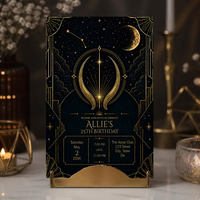 Invitation d'anniversaire 25 ans Taureau Céleste Z (Elegant Taurus 25th birthday invitation with celestial zodiac stars, moon and gold Art Deco style.)