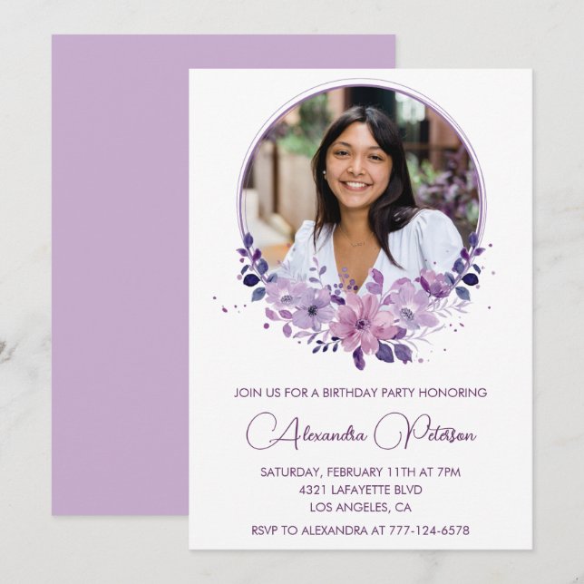 Invitation d'anniversaire 26 ans Photo Floral Viol (Devant / Derrière)