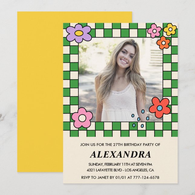 Invitation d'anniversaire 27 ans Fille Floral Rétr (Devant / Derrière)