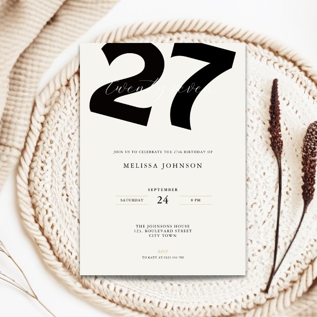 Invitation d'anniversaire 27 ans minimale - Typo g (Minimal 27th birthday invitation with bold typography)