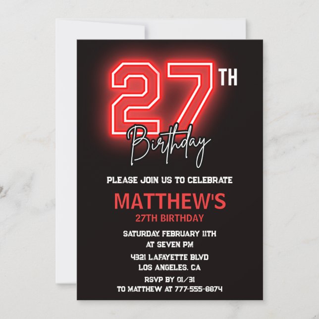 Invitation d'anniversaire 27 ans Neon Black pour h (Devant)