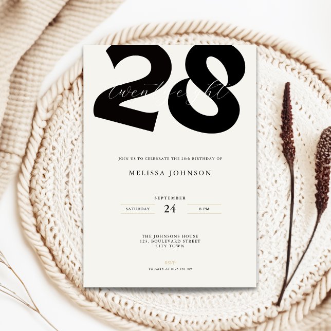 Invitation d'anniversaire 28 ans minimale - Typo g (Minimal 28th birthday invitation with bold typography)
