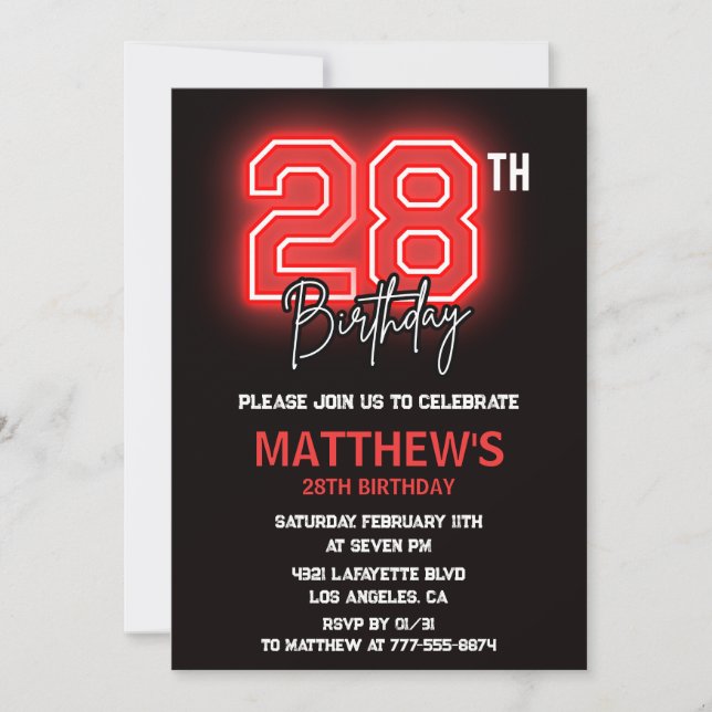 Invitation d'anniversaire 28 ans Neon Black pour h (Devant)