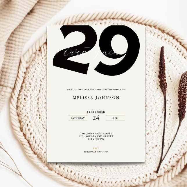 Invitation d'anniversaire 29 ans minimale - Typo g (Minimal 29th birthday invitation with bold typography)