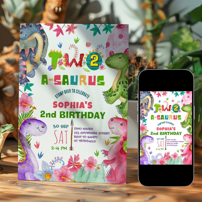 Invitation d'anniversaire 2 ans de dinosaure de fi (Créateur téléchargé)