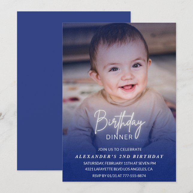 Invitation d'anniversaire 2 ans dîner photo garçon (Devant / Derrière)