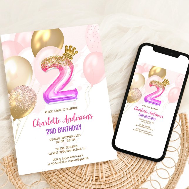 Invitation d'anniversaire 2 ans fille ballon or ro (Créateur téléchargé)