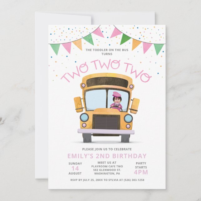 Invitation d'anniversaire 2 ans Fille Bus (Devant)