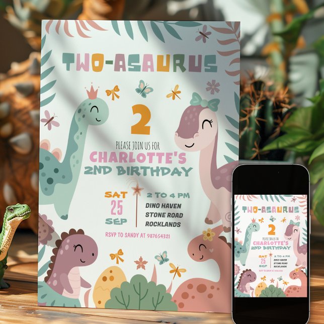 Invitation d'anniversaire 2 ans fille dinosaure pa (Créateur téléchargé)