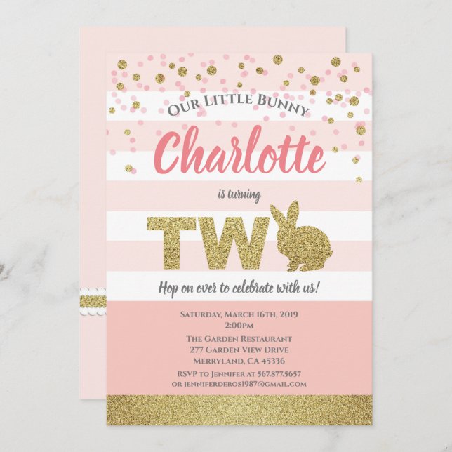 Invitation d'anniversaire 2 ans fille lapin rose e (Devant / Derrière)