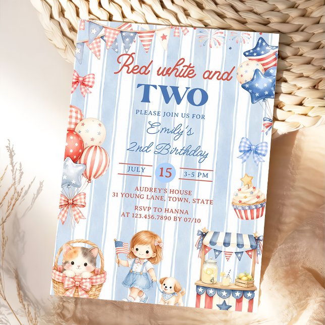Invitation d'anniversaire 2 ans Fille Rayures Amér (Créateur téléchargé)