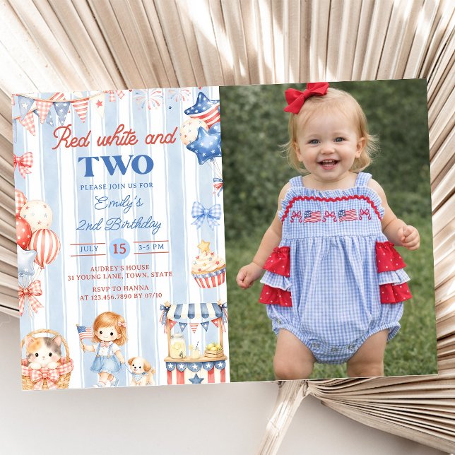 Invitation d'anniversaire 2 ans Fille Rayures Amér (Créateur téléchargé)