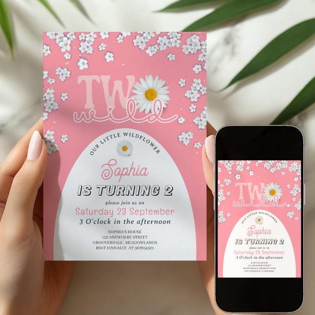 Invitation d'anniversaire 2 ans Fleur Sauvage Rose (Créateur téléchargé)