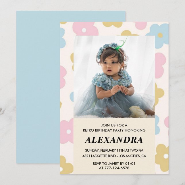 Invitation d'anniversaire 2 ans Fleurs Groovy Rétr (Devant / Derrière)