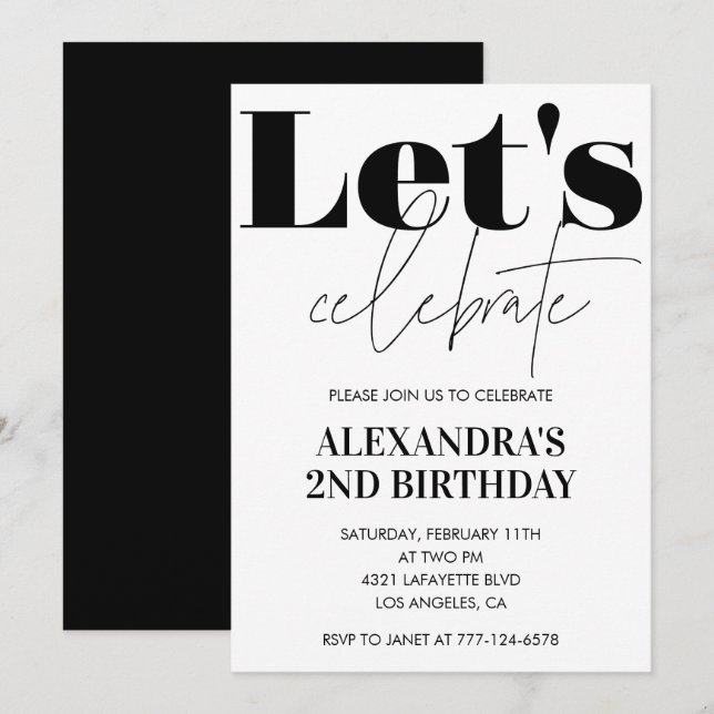 Invitation d'anniversaire 2 ans noir et blanc Mode (Devant / Derrière)