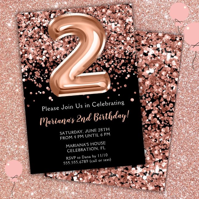 Invitation d'anniversaire 2 ans Noir Rose Or Paill (Créateur téléchargé)