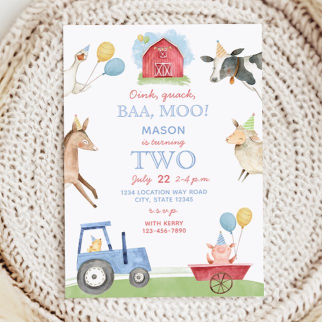 Invitation d'anniversaire 2 ans Oink, Baa, Moo Fer (Créateur téléchargé)