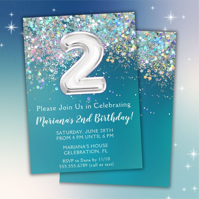 Invitation d'anniversaire 2 ans Paillettes Turquoi (Créateur téléchargé)