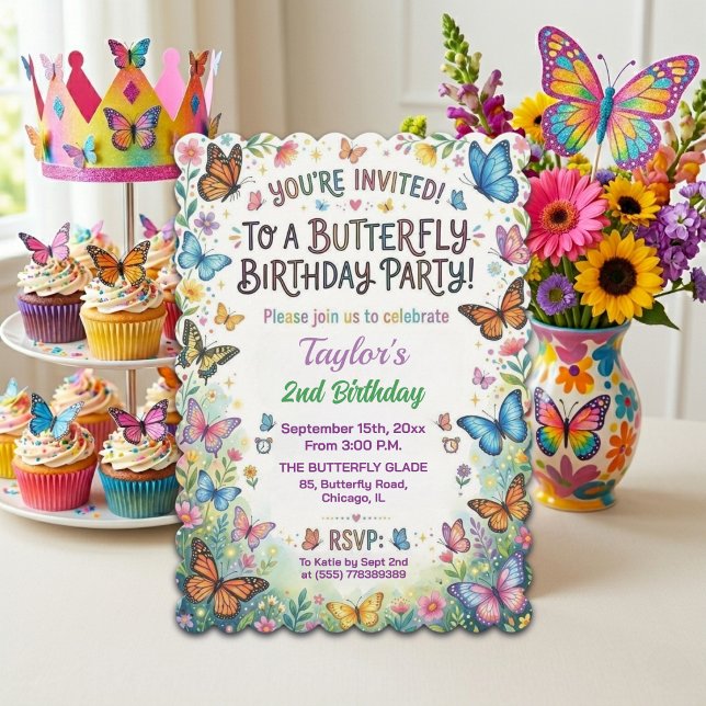 Invitation d'anniversaire 2 ans Papillons Colorés (Créateur téléchargé)