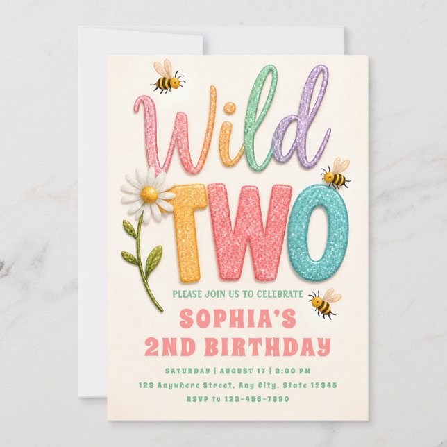 Invitation d'anniversaire 2 ans Pastel Bee Daisy (Devant)