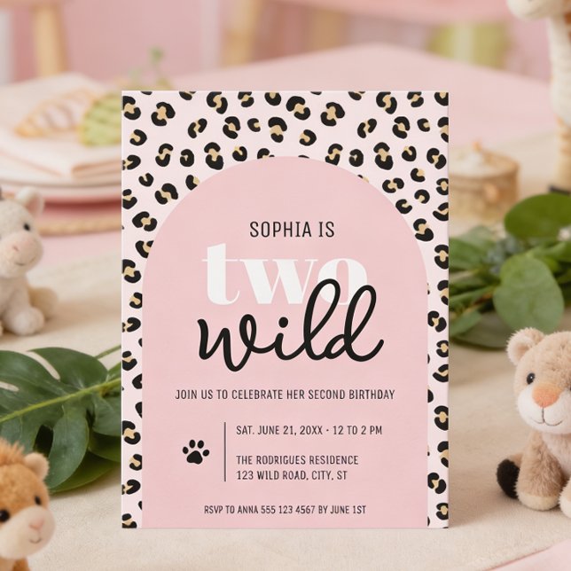 Invitation d'anniversaire 2 ans pour fille sauvage (Front of the invitation shown in 5x7-inch. Choose size, paper, and corner style.)
