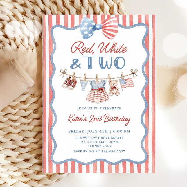 Invitation d'anniversaire 2 ans Rouge Blanc & Deux (Créateur téléchargé)