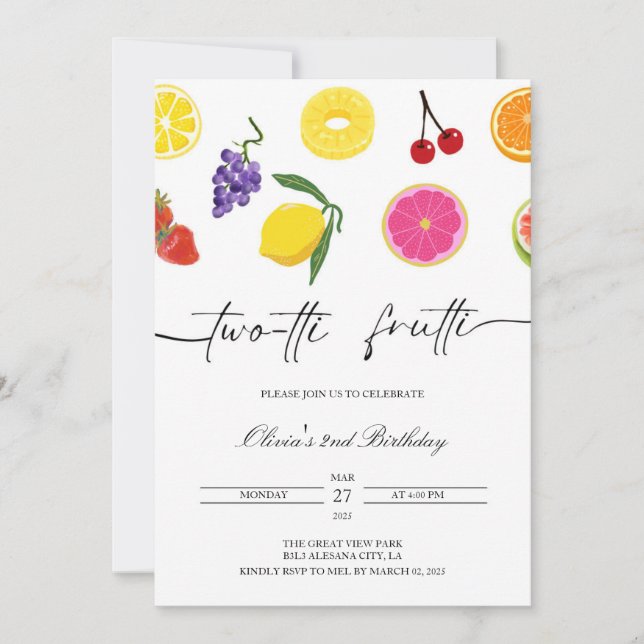 Invitation d'anniversaire 2 ans Twotti Frutti Fête (Devant)