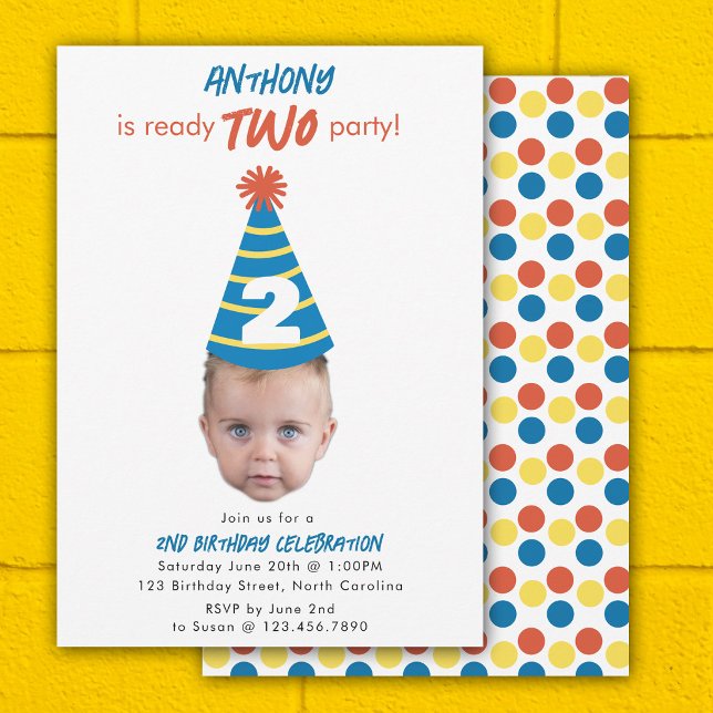 Invitation d'anniversaire 2ème Deux Bébé Visage Ph (Birthday Invite 2nd Two Birthday Baby Face Photo)
