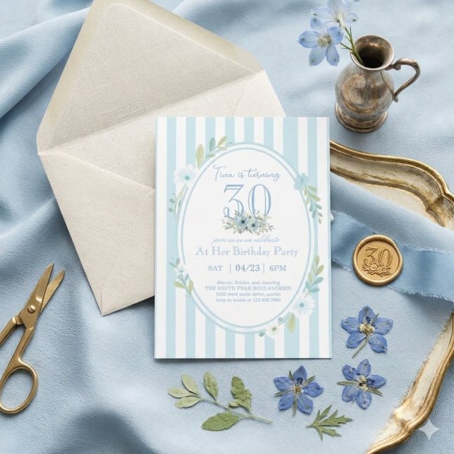 Invitation d'anniversaire 30 ans à rayures bleues  (Créateur téléchargé)