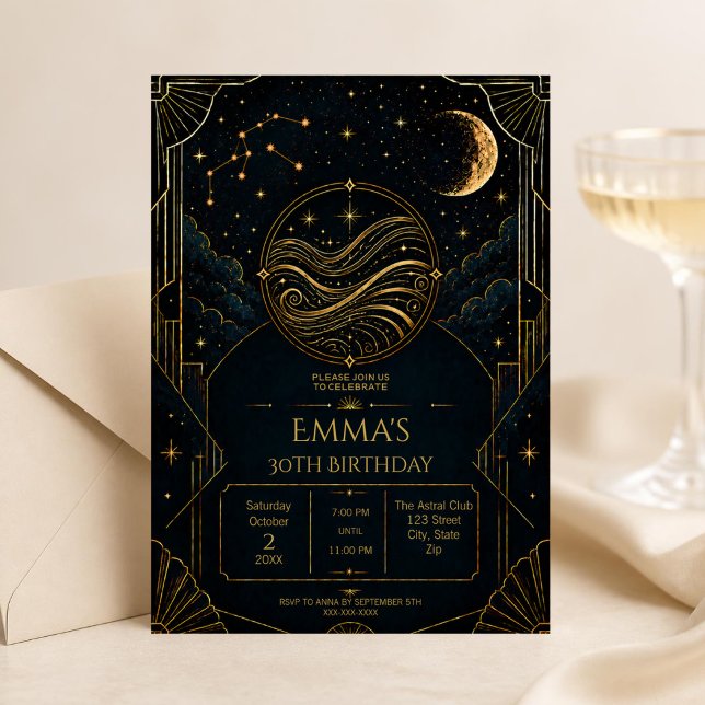 Invitation d'anniversaire 30 ans Aquarius Art Déco (Dark Art Deco Aquarius zodiac 30th birthday invitation featuring celestial details, vintage-inspired)