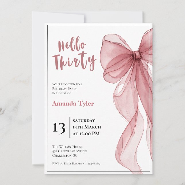 Invitation d'anniversaire 30 ans avec un nœud rose (Devant)