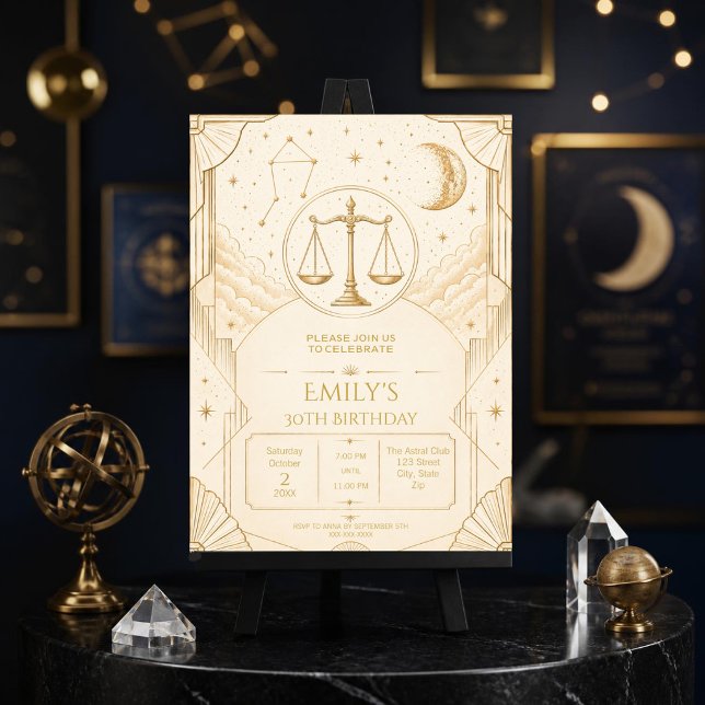 Invitation d'anniversaire 30 ans Balance | Céleste (Elegant Libra 30th birthday invitation with celestial Art Deco design for unforgettable zodiac celeb)