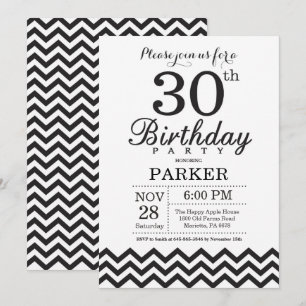 Invitation d'anniversaire 30 ans Chevron noir et b