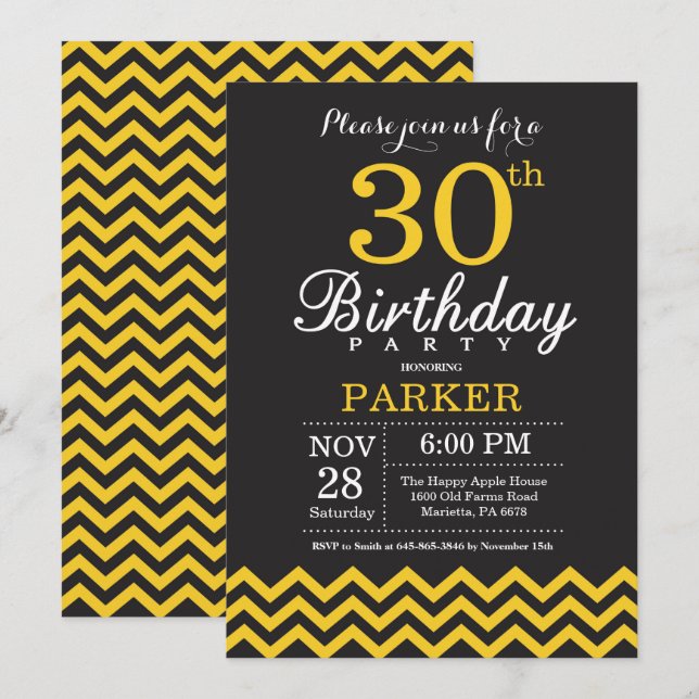 Invitation d'anniversaire 30 ans Chevron noir et j (Devant / Derrière)
