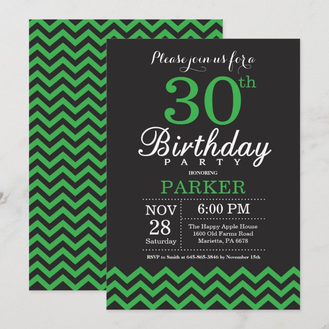 Invitation d'anniversaire 30 ans Chevron noir et v (Devant / Derrière)