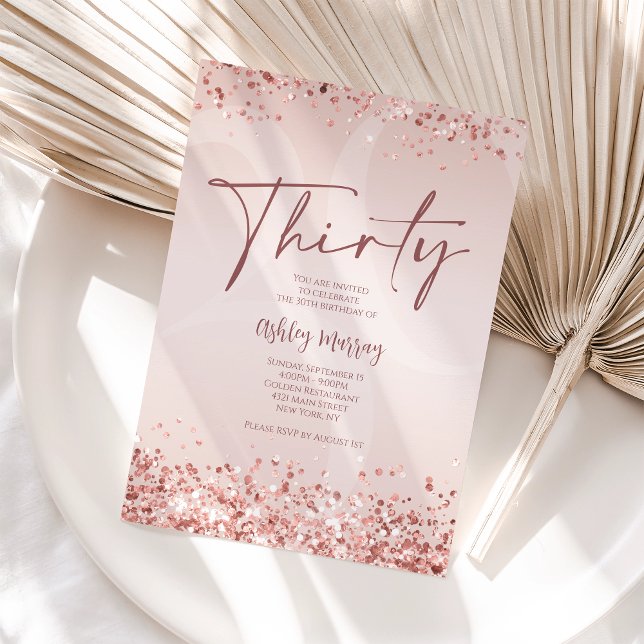 Invitation d'anniversaire 30 ans en or rose pour f (Rose Gold 30th Editable Invitation)