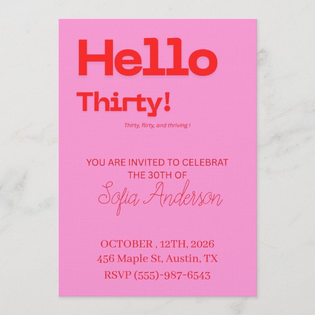 Invitation d'anniversaire 30 ans en rose gras roug (Devant)
