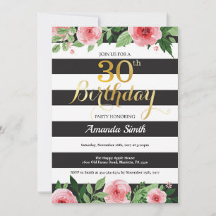 Invitation d'anniversaire 30 ans Femme. Floral Or