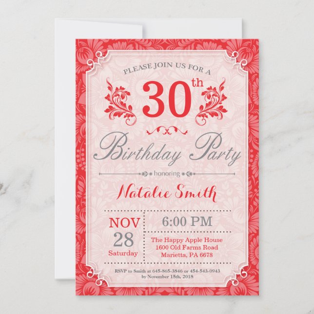 Invitation d'anniversaire 30 ans Floral Rouge pour (Devant)