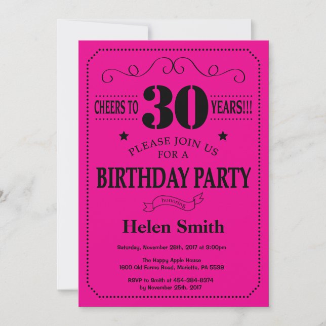 Invitation d'anniversaire 30 ans Noir et Rose Chau (Devant)