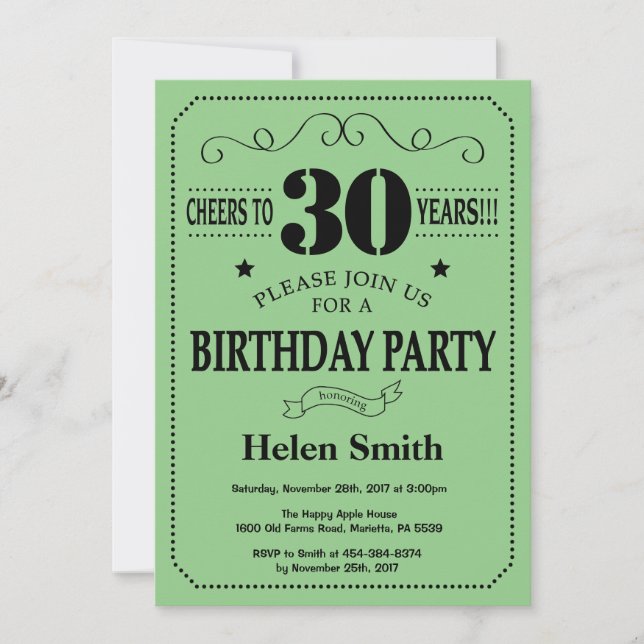 Invitation d'anniversaire 30 ans Noir et Vert (Devant)