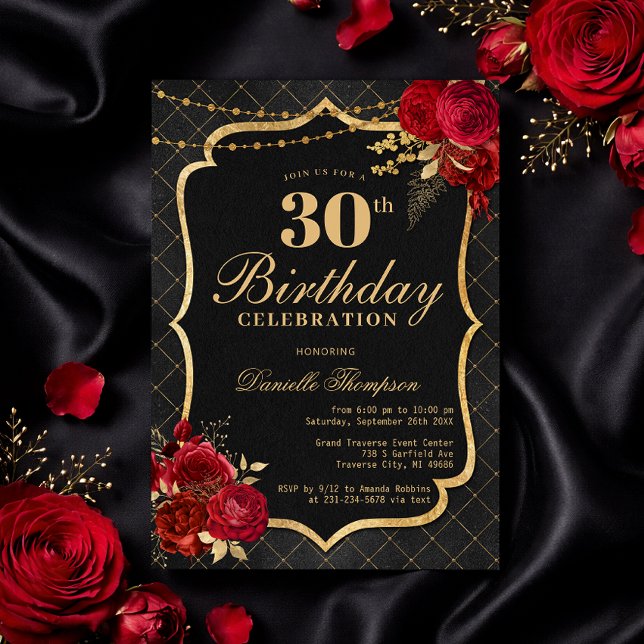 Invitation d'anniversaire 30 ans Noir, Rouge & Or (Black, Red & Gold 30th Birthday Invitation with Roses
)